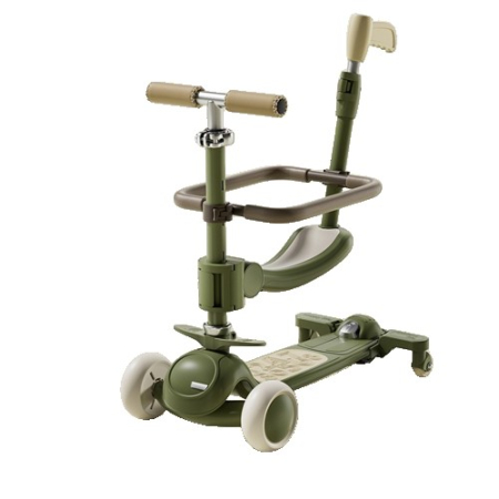 Jucării - Trotineta Tip Carucior pentru Copii 7in1, Pliabila, Ghidon Reglabil, Parti Detasabile, Lumini LED, Suport pentru picioare, Verde