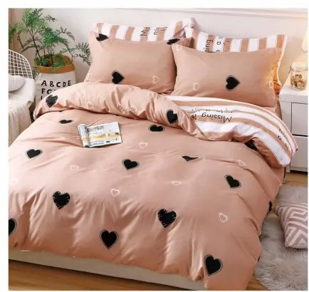 Lenjerii uni - lenjerie finet bej cu inimioare negre  lenjerie pat bej cu inimi negre  set lenjerie finet 4 piese bej  lenjerie cu elastic finet bej  lenjerie dormitor model hearts