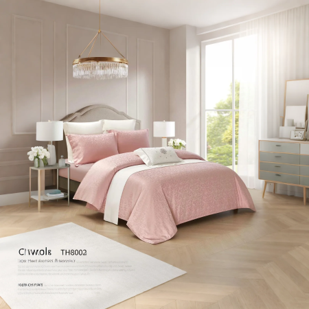 Lenjerii uni - Lenjerie pat dublu satin roz TH8002 – vedere frontală  Lenjerie pat satin roz – detalii material TH8002  Lenjerie pat satin cu elastic – set complet 4 piese TH8002