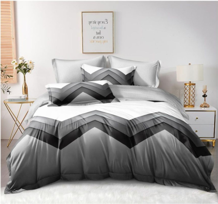 Lenjerii uni - lenjerie de pat gri finet premium  set lenjerie gri geometric 4 piese  lenjerie pat 180x200 cu elastic gri  lenjerie moderna gri negru degrade  lenjerie dormitor finet premium
