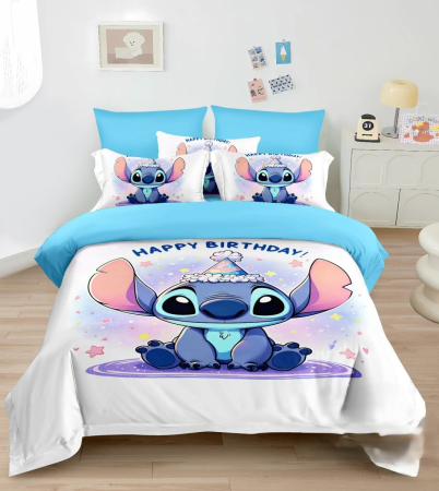 Lenjerii cu reducere - lenjerie pat copii stitch happy birthday  set lenjerie 4 piese stitch  lenjerie copii finet cu elastic  lenjerie aniversara copii stitch  set pat copii stitch 4 piese