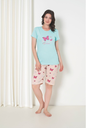 Pijamale - pijama-dama-baki-5006 pijama-dama-vara-fluturi pijama-dama-scurta-bumbac pijama-dama-turcoaz