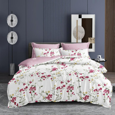 Lenjerii uni - lenjerie pat finet floral alb roz set 6 piese