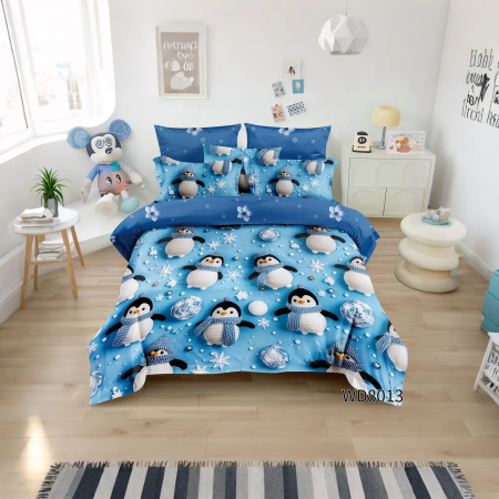 Lenjerii cu imprimeu 5D - lenjerie-pat-finet-5d-albastru-pinguini-wd8013  lenjerie-pat-dublu-4-piese-finet-5d  lenjerie-pat-cu-elastic-copii  set-lenjerie-pat-finet-5d-wd8013