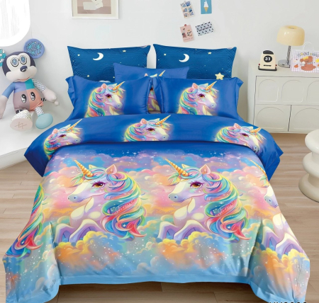 Lenjerii cu imprimeu 5D - lenjerie pat finet 3d unicorn albastru model copii