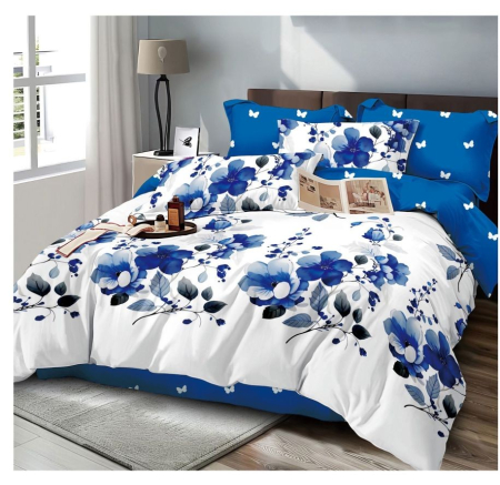 Lenjerii uni - lenjerie pat flori albastre finet  lenjerie finet cu elastic model floral  lenjerie pat 4 piese albastru  set lenjerie pat bumbac finet flori  lenjerii pat cu elastic dormitor modern