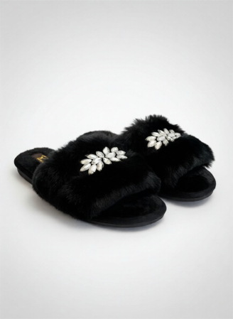 Papuci - Papuci damă negri cu blăniță și pietre decorative – Elegant Cozy