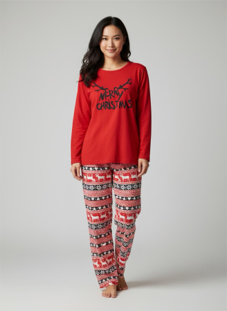 Pijamale - Pijamă damă roșie Merry Christmas – Set 2 piese, bumbac soft, pantaloni cu reni