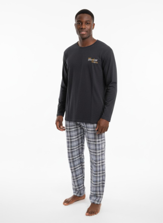 Pijamale - Pijamă bărbați Basic Nightwear – Set 2 piese, bluza neagră + pantaloni carouri gri