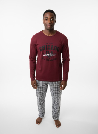 Pijamale - Pijamă bărbați Chicago Bordo – set 2 piese, bluză mânecă lungă + pantaloni carouri