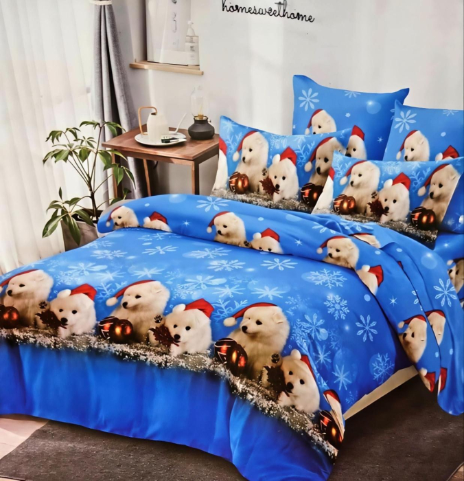 lenjerie craciun catelusi  set lenjerie iarna catelusi  lenjerie finet albastru craciun  lenjerie sarbatori 6 piese  lenjerie pat catelusi mos craciun [1]