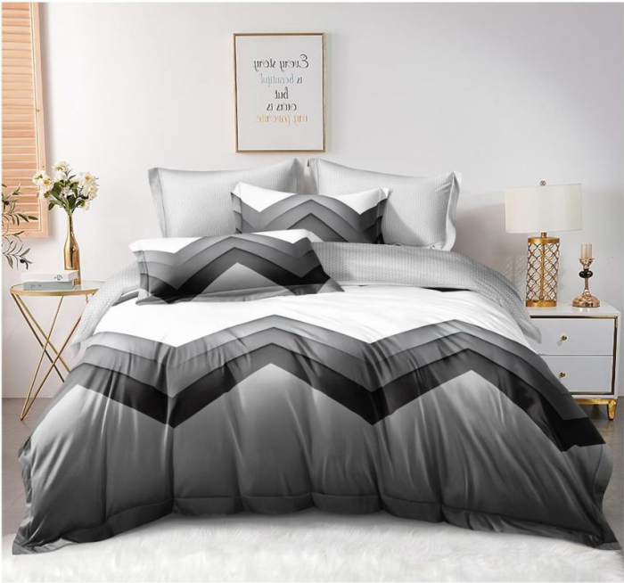 lenjerie de pat gri finet premium  set lenjerie gri geometric 4 piese  lenjerie pat 180x200 cu elastic gri  lenjerie moderna gri negru degrade  lenjerie dormitor finet premium [1]