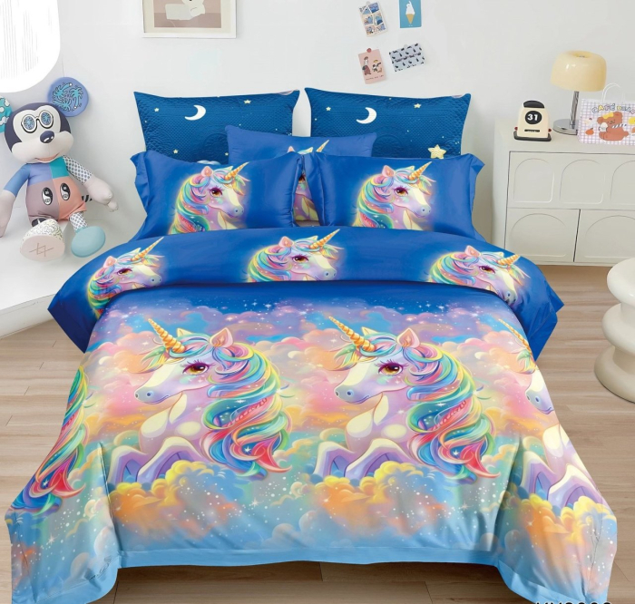 lenjerie pat finet 3d unicorn albastru model copii [1]