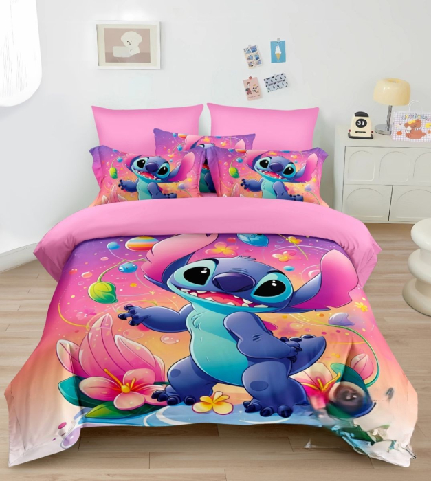 lenjerie pat copii stitch  lenjerie stitch colorata  lenjerie copii 4 piese finet  set lenjerie pat elastic copii  asternuturi copii cu stitch  lenjerie finet copii roz mov [1]