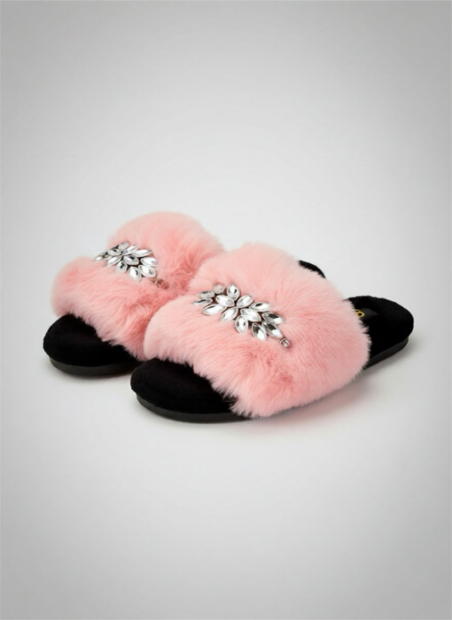 Papuci damă roz cu blăniță și pietre decorative – Elegant Cozy [1]