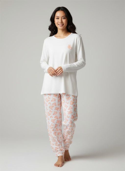 Pijamă damă albă Butterfly Comfort – Set 2 piese, bumbac soft, pantaloni fluturi roz [1]