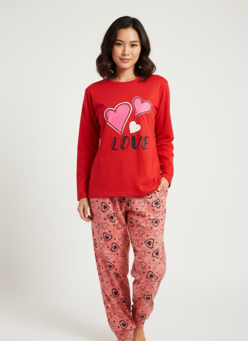 Pijamă damă roșie Love Hearts – Set 2 piese, bumbac soft [1]