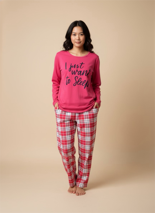 Pijamă damă roz “I Just Want To Sleep” – Set 2 piese, bumbac soft [1]