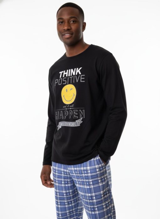 Pijamă bărbați Think Positive – Set 2 piese, bluză neagră + pantaloni carouri [1]