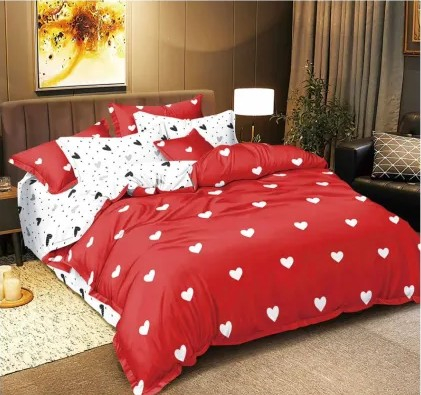 Lenjerii de pat - lenjerie pat roșie inimi  lenjerie finet roșu cu elastic  set lenjerie 4 piese inimi  lenjerie pat dublu roșu alb  lenjerii finet premium 180x200