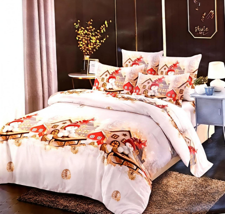 Lenjerii de Craciun - lenjerie craciun om zapada  set lenjerie casute craciun  lenjerie finet fundal alb craciun  lenjerie om zapada 6 piese  lenjerie sarbatori finet premium