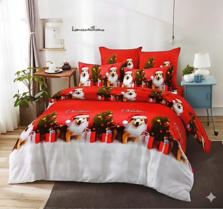 Lenjerii de Craciun - lenjerie craciun catel  set lenjerie craciun brad si cadouri  lenjerie finet craciun rosie  lenjerie 6 piese tematica sarbatori  lenjerie pat cu catel mos craciun