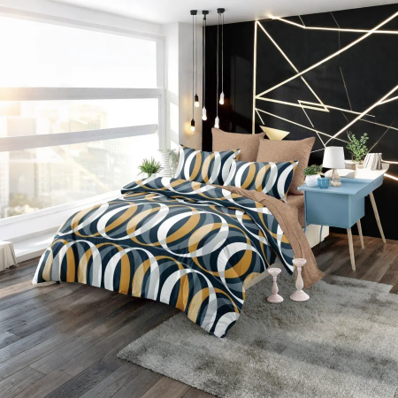 Lenjerii uni - Lenjerie de pat dublu FINET cu elastic – model cercuri – vedere frontală  Lenjerie FINET 6 piese pentru pat dublu – model geometric cercuri  Set lenjerie pat cu elastic 180x200 – husă pilotă și fețe de pernă – model cercuri