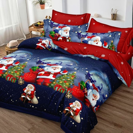 Lenjerii de Craciun - enjerie pat craciun mos craciun finet 6 piese  lenjerie craciun 180x200 cu elastic  lenjerie pat sarbatori finet gros mos craciun  lenjerie tematica craciun