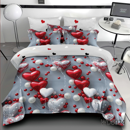 Lenjerii cu imprimeu 5D - Lenjerie de pat dublă gri cu roșu, model inimioare 3D
