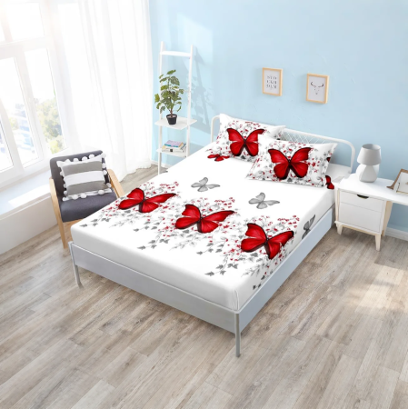 Lenjerii de pat - cearsaf elastic fluturi rosii D011  cearsaf pat 160x200 finet  set cearsaf elastic 3 piese  cearsaf finet fluturi 50x70  lenjerie pat cu elastic fluturi rosii