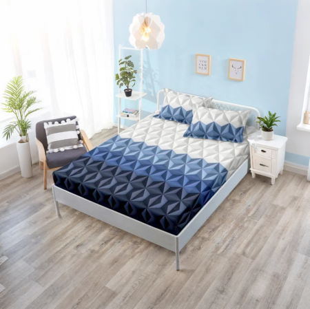 Lenjerii de pat - Cearșaf cu Elastic FINET D013 – Set 3 Piese – Model Geometric Albastru