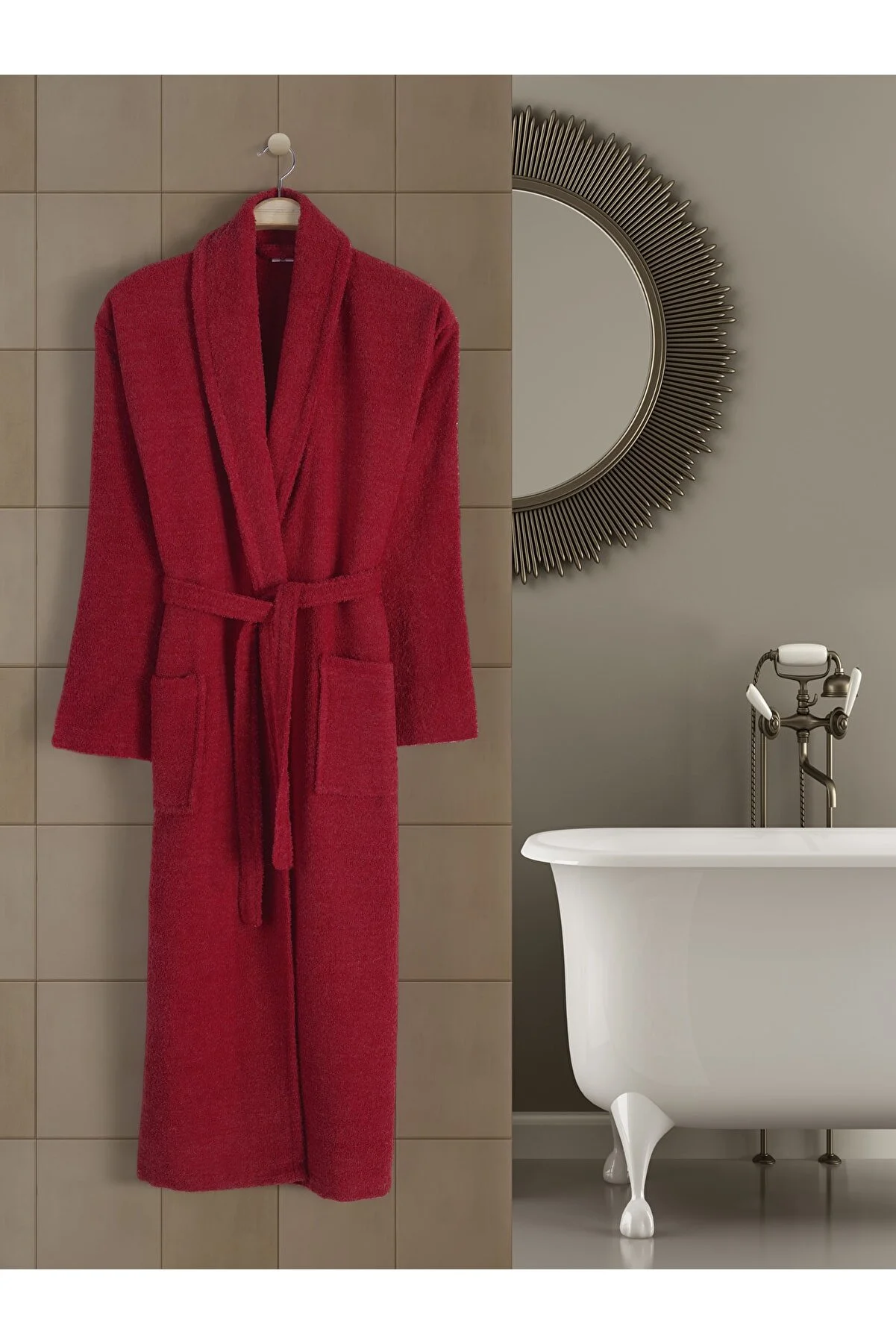 Halat - Halat de Baie rosu – Față  Halat Unisex Bumbac rosu – Detalii  Halat Premium Verde Mint – Material Pufos  Halat Verde Mint – Prezentare Baie