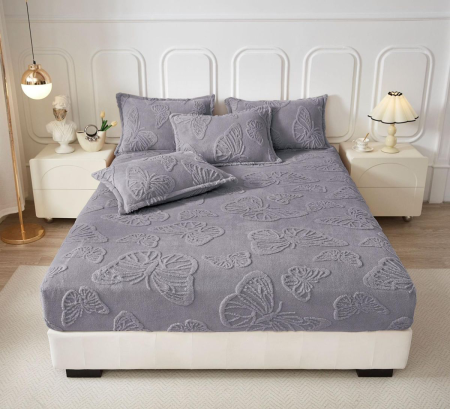 Lenjerii de pat - husa de pat cocolino gri inchis cu fluturi reliefati cu elastic