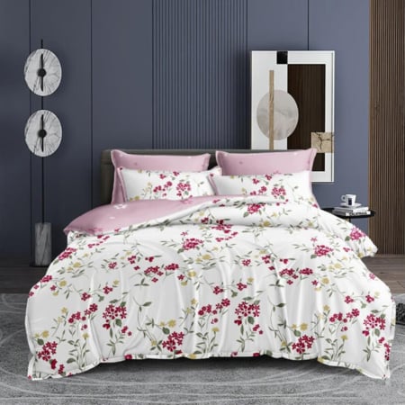 Lenjerii de pat - lenjerie pat finet floral alb roz set 6 piese