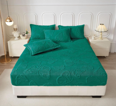 Lenjerii de pat - husa de pat cocolino verde smarald cu fluturi reliefati cu elastic