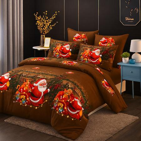 Lenjerii de Craciun - lenjerie craciun maro mos craciun  lenjerie pat craciun finet gros  set lenjerie mos craciun maro  lenjerie sarbatori cu mos craciun
