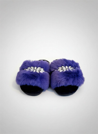 Papuci - Papuci damă mov cu blăniță și pietre decorative – Elegant Cozy