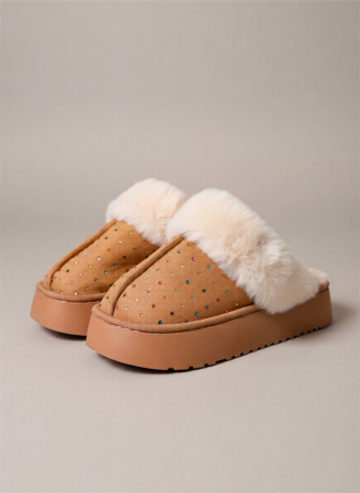 Papuci - Papuci damă bej cu blăniță și pietricele – vedere laterală, model călduros