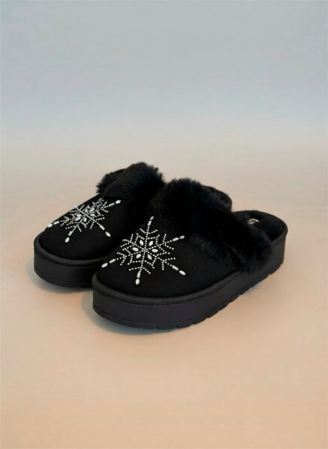 Papuci - Papuci damă negri cu blăniță și fulg de nea – model iarnă premium