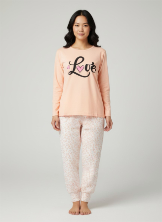 Pijamale - Pijamă damă roz Love – Set 2 piese, bumbac soft, bluză cu imprimeu