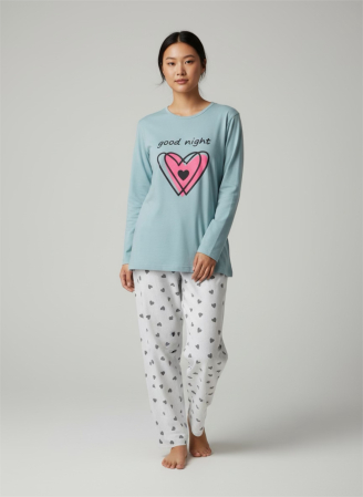 Pijamale - Pijamă damă bleu Good Night Heart – Set 2 piese, bumbac soft