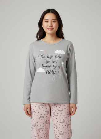 Pijamale - Pijamă damă gri Now Begin – Set 2 piese, bumbac soft