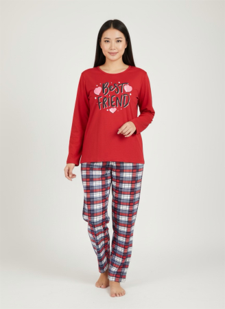 Pijamale - Pijamă damă roșie Best Friend – Set 2 piese, bumbac soft, pantaloni carouri