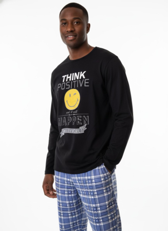 Pijamale - Pijamă bărbați Think Positive – Set 2 piese, bluză neagră + pantaloni carouri