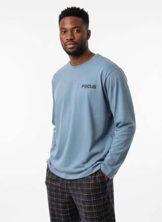 Pijamale - Pijamă bărbați Focus – Set 2 piese, bluză albastră, pantaloni carouri