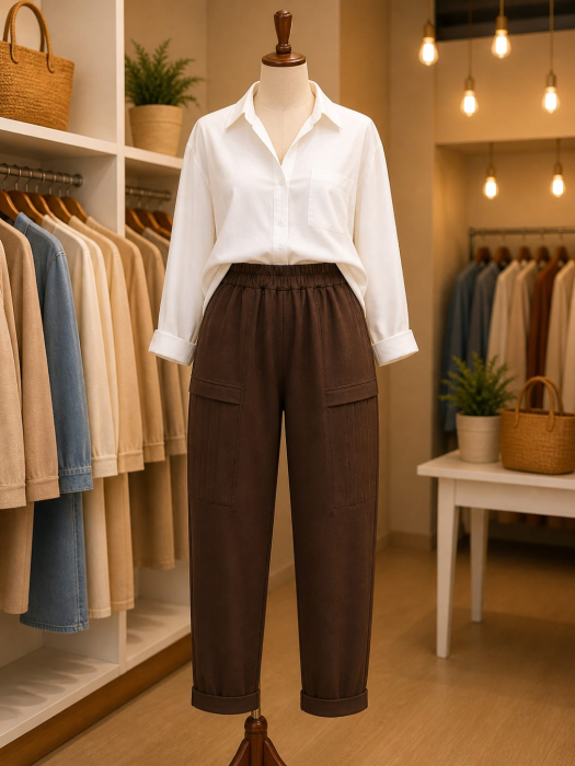 Pantaloni casual cu pliuri si buzunare aplicate [2]