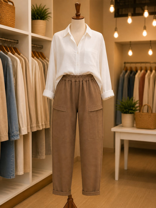 Pantaloni casual cu pliuri si buzunare aplicate [3]