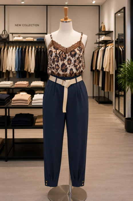 Pantaloni cu elastic in talie, curea inclusă si nasturi aplicati [4]