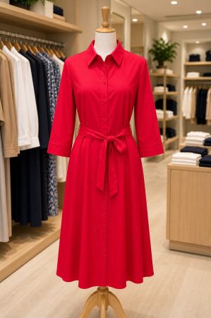 Rochii - Rochie rosie midii si cordon in talie