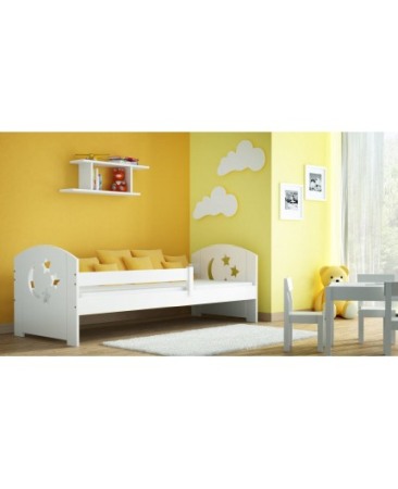 Mobilier copii - Pat pentru copii Moli alb din lemn de pin 180 x 80 cm cu saltea inclusa si sertar